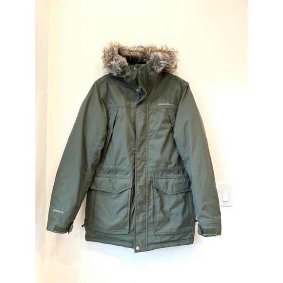 Eddie Bauer Coat Mens M Olive Weatheredge Goose Down Parka Faux Fur Trim Hood - Picture 1 of 13